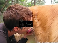 Female zoophile is sucking her doggy's cock on the grass - picture 15