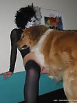 Masked bitch in black stockings gets her pussy licked by dog - picture 16