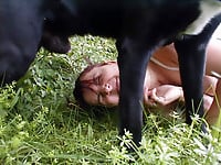 Zoo slut with saggy tits fucks outdoor with a black dog - picture 8