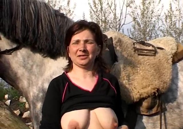 Mature zoophile with massive tits fucks with her hubby and a horse