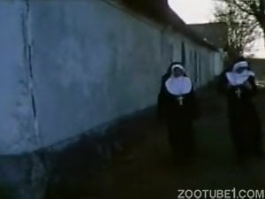 Two nasty-minded nuns are having zoophilic fun in the barn
