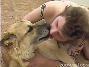 Zoophile man jerks and cums on his own doggy