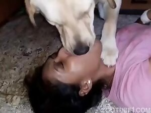 Limitless romantic pleasure with a white dog kissing