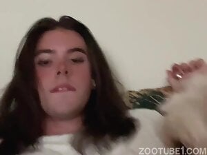 Sexy trans lady fucking her pet's mouth with hard cock