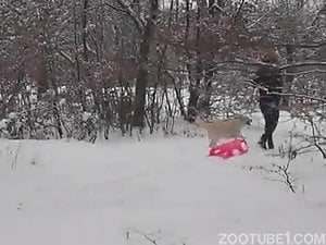 elle  baise  avec son  chien dans  la neige