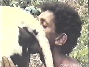 Frizzy haired zoophile fucker dominates a cow